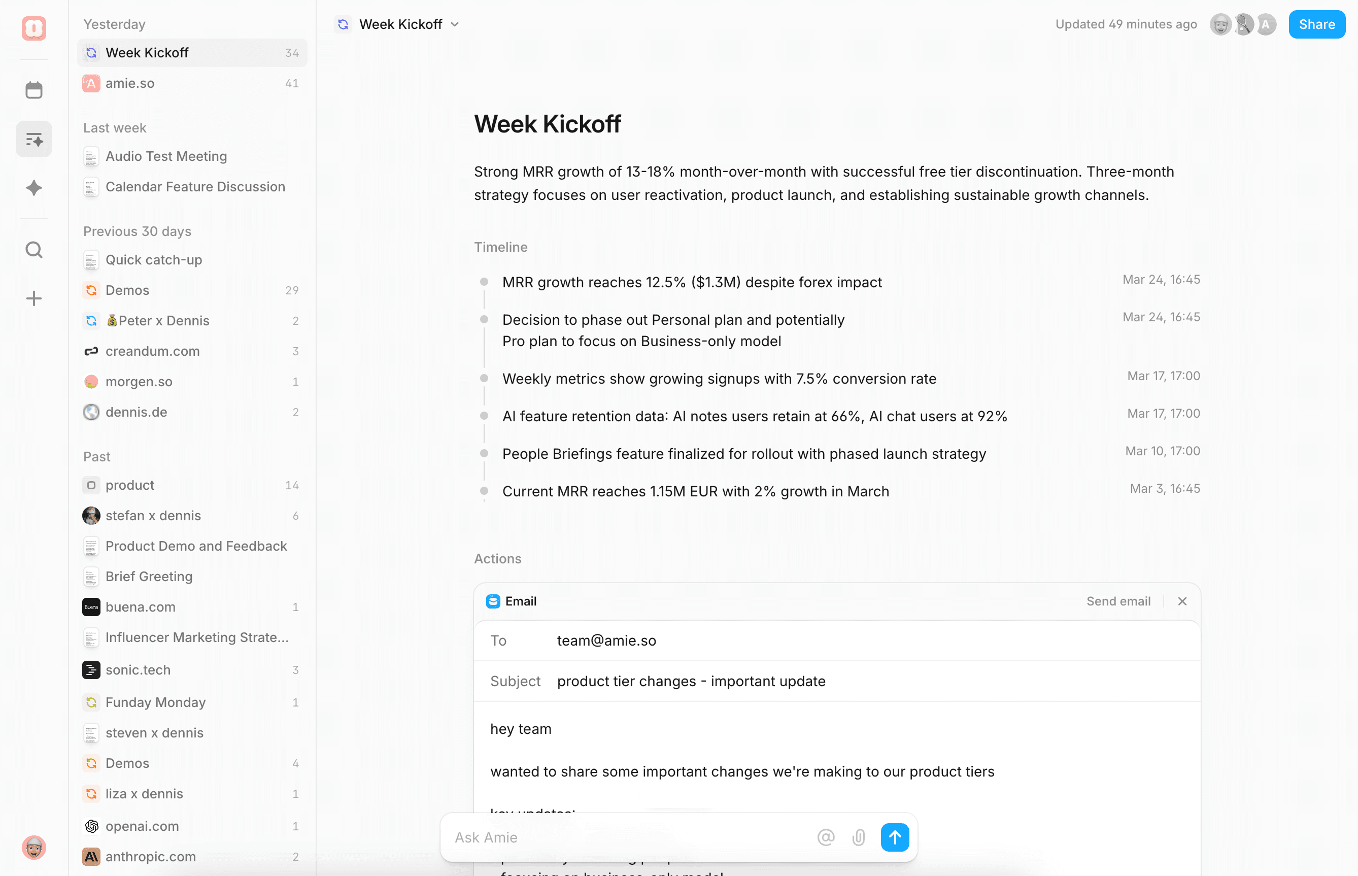 Amie calendar and email interface