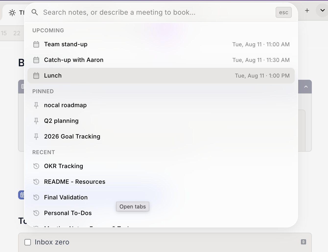nocal unified search spanning events and notes in one box