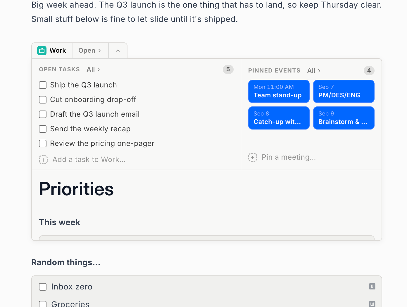 A nocal note with a whole space embedded inline — its pinned events, note, and open tasks