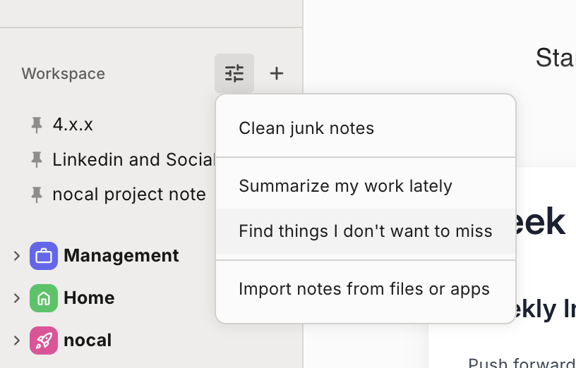The Workspace actions menu open, with "Import notes from files or apps" at the bottom