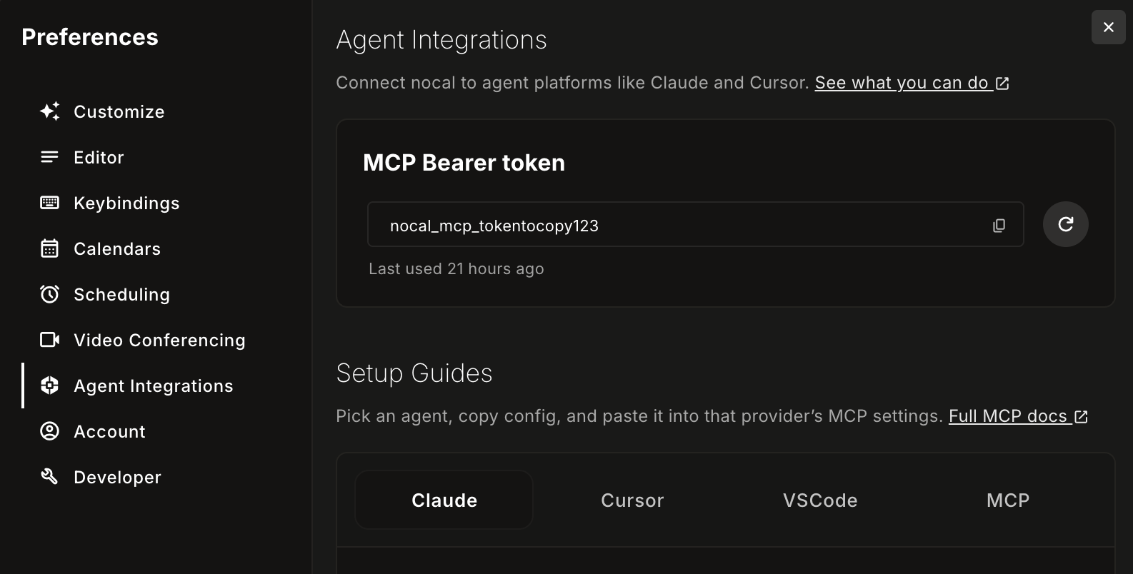 nocal MCP setup screen showing bearer token and setup guides