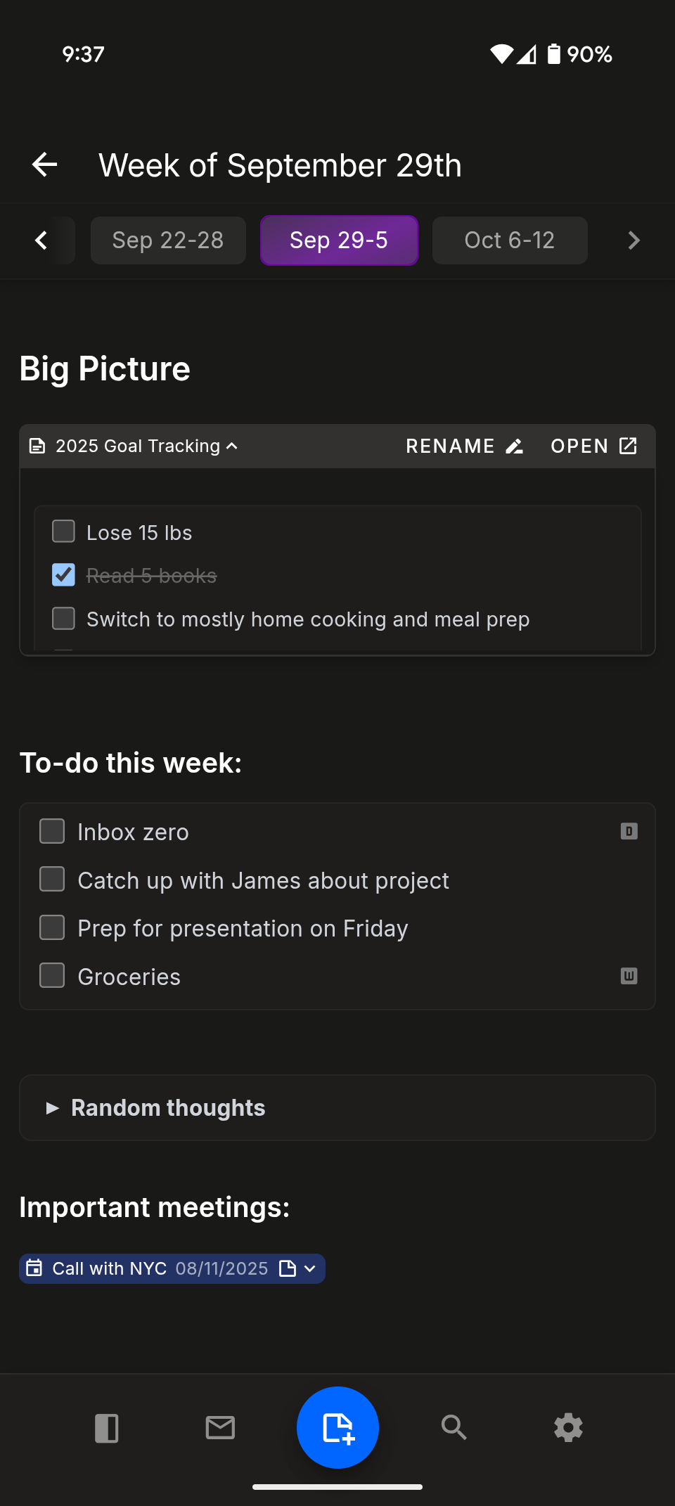 nocal mobile notes in dark mode