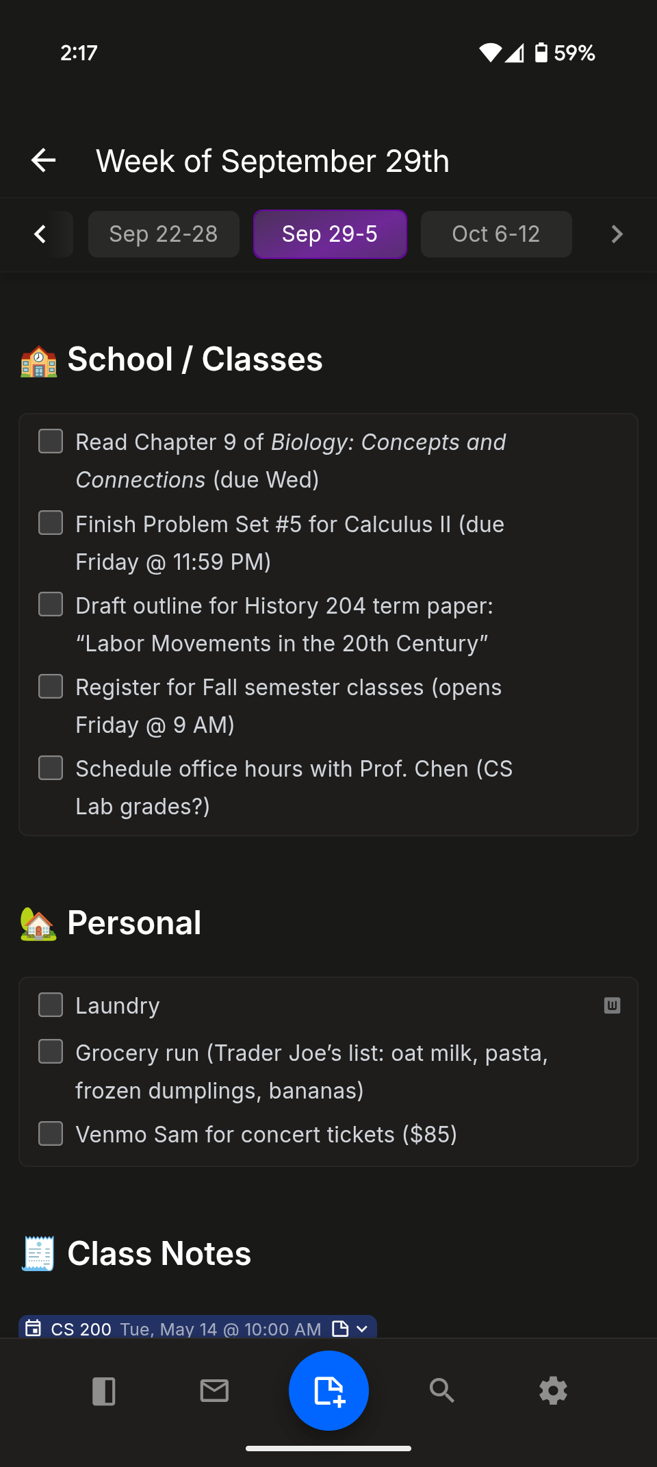 nocal mobile notes in dark mode