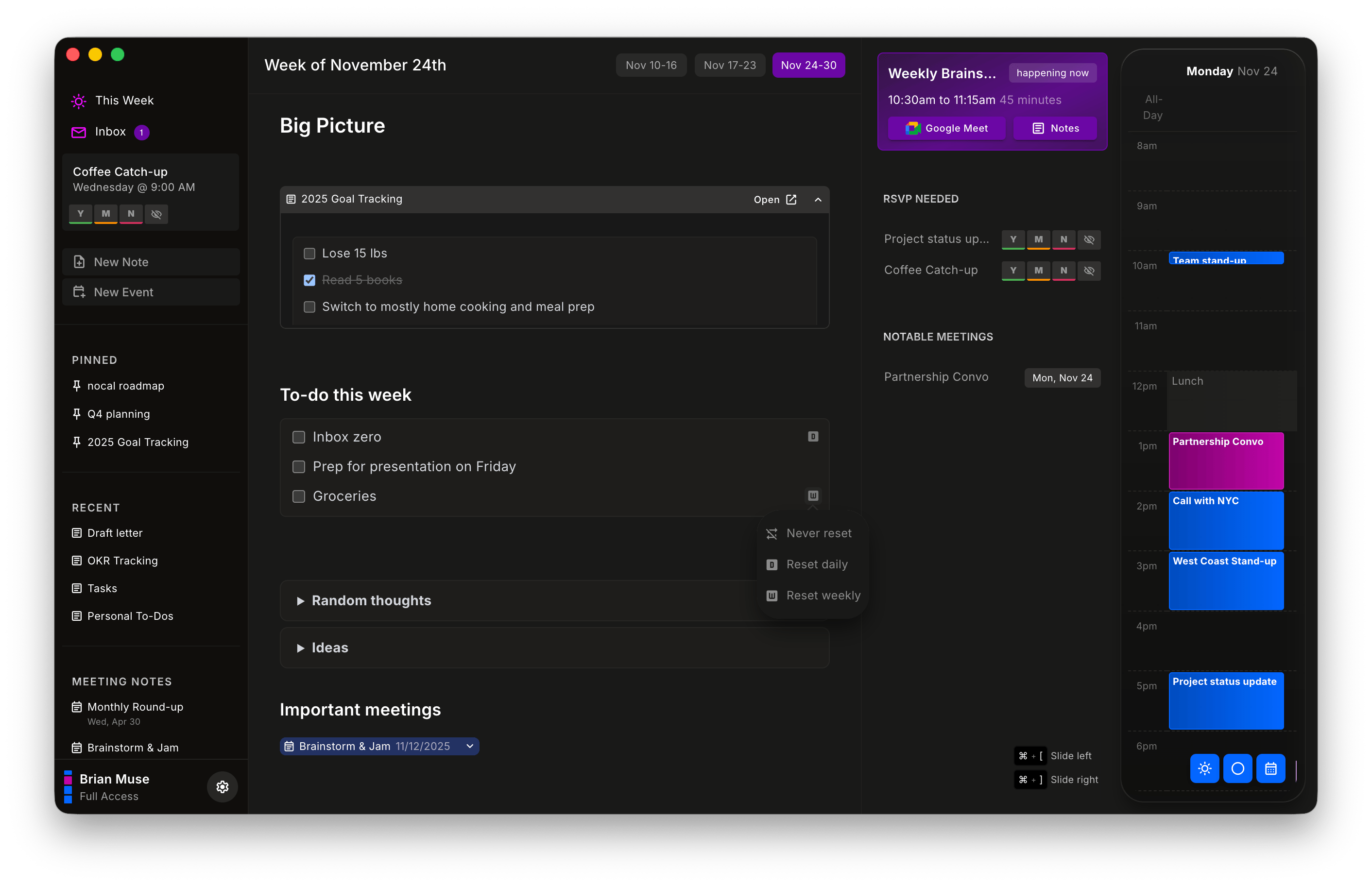 nocal app interface in dark mode