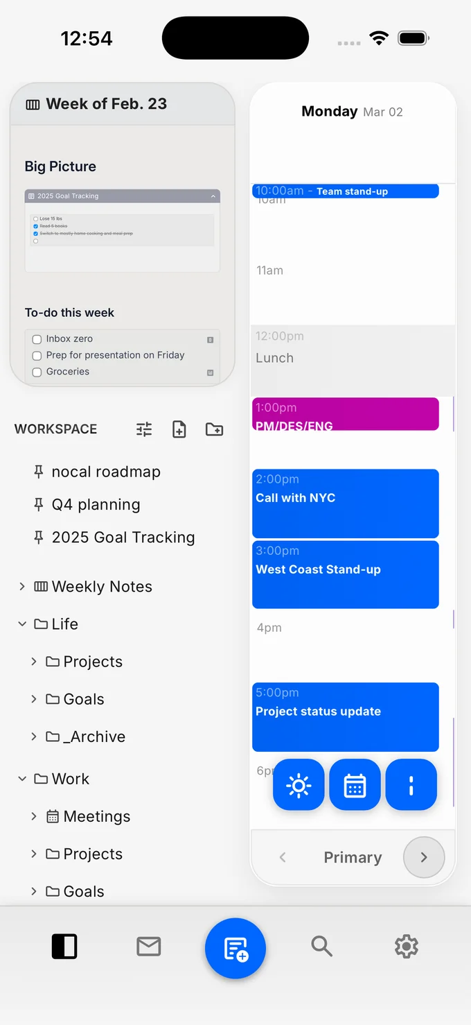 The nocal iPhone home screen showing a unified day with events from every connected calendar