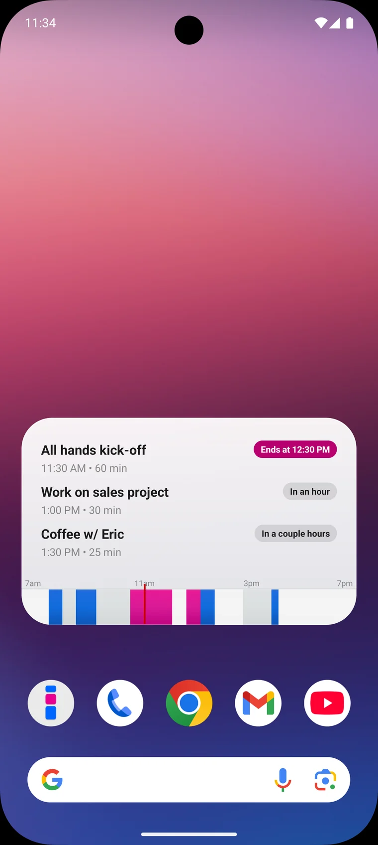 The nocal agenda widget on an Android home screen in light style, listing three upcoming events above a timeline of the day