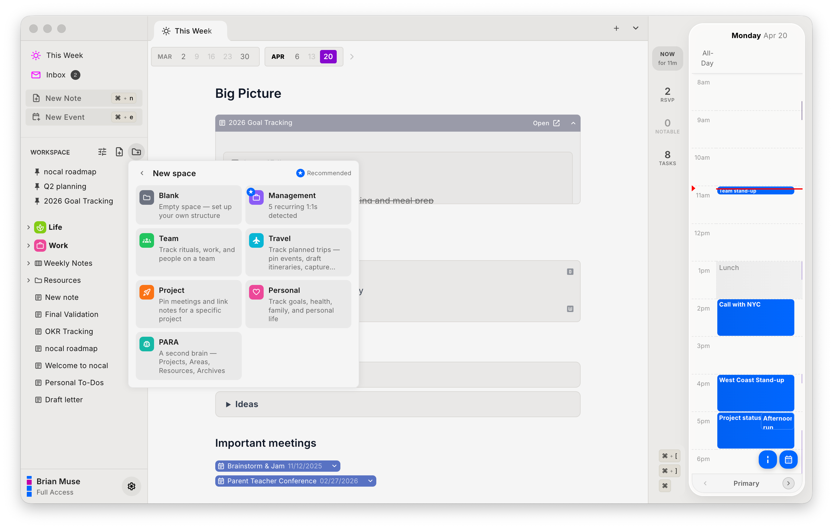 nocal's new space dialog listing space templates including Blank, Management, Team, Travel, Project, Personal and PARA